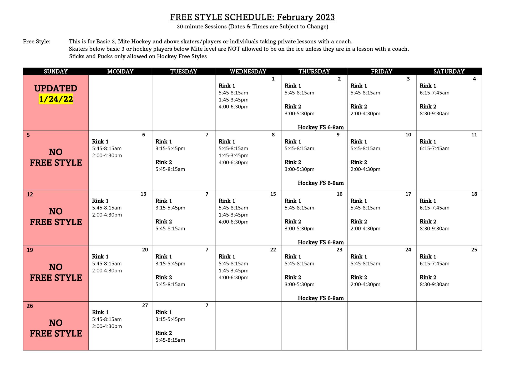 February Free Style Schedule